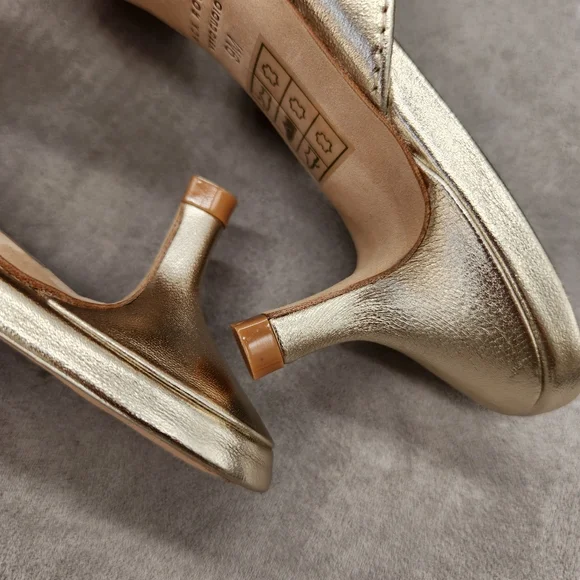 Jack Rogers Dress Mule 9 Gold Champagne Leather Cynthia Bow Kitten Heel Metallic - Picture 12 of 16